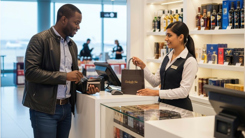 Customer using a card to pay for cosmetics at a duty-free shop.