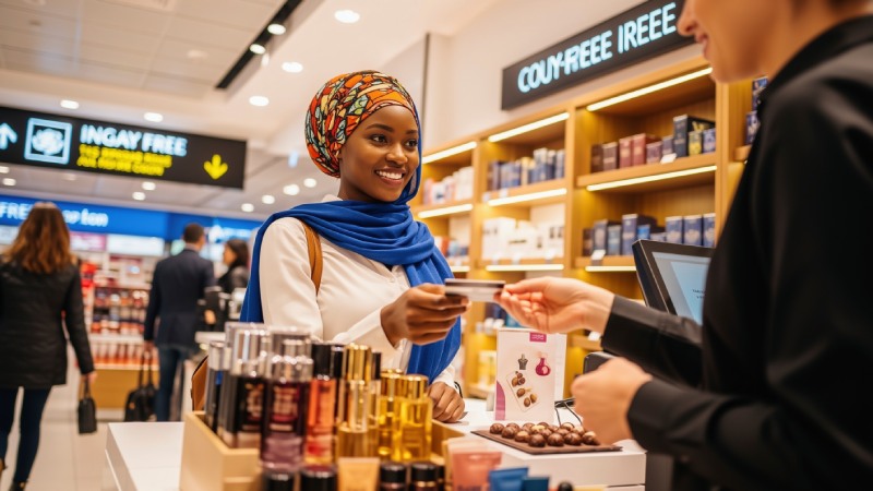 Customer using a card to pay for cosmetics at a duty-free shop.