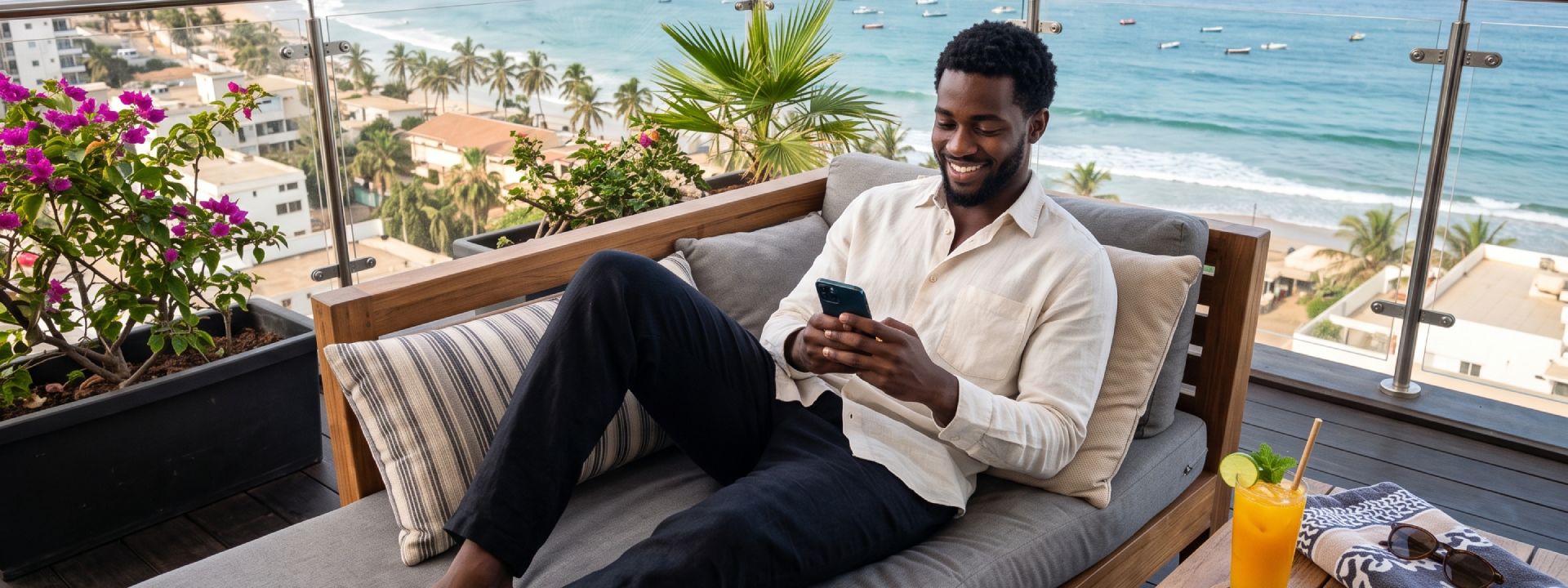 Guest relaxing with a smartphone at a beachfront resort