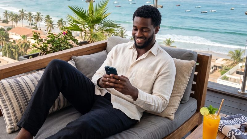 Guest relaxing with a smartphone at a beachfront resort