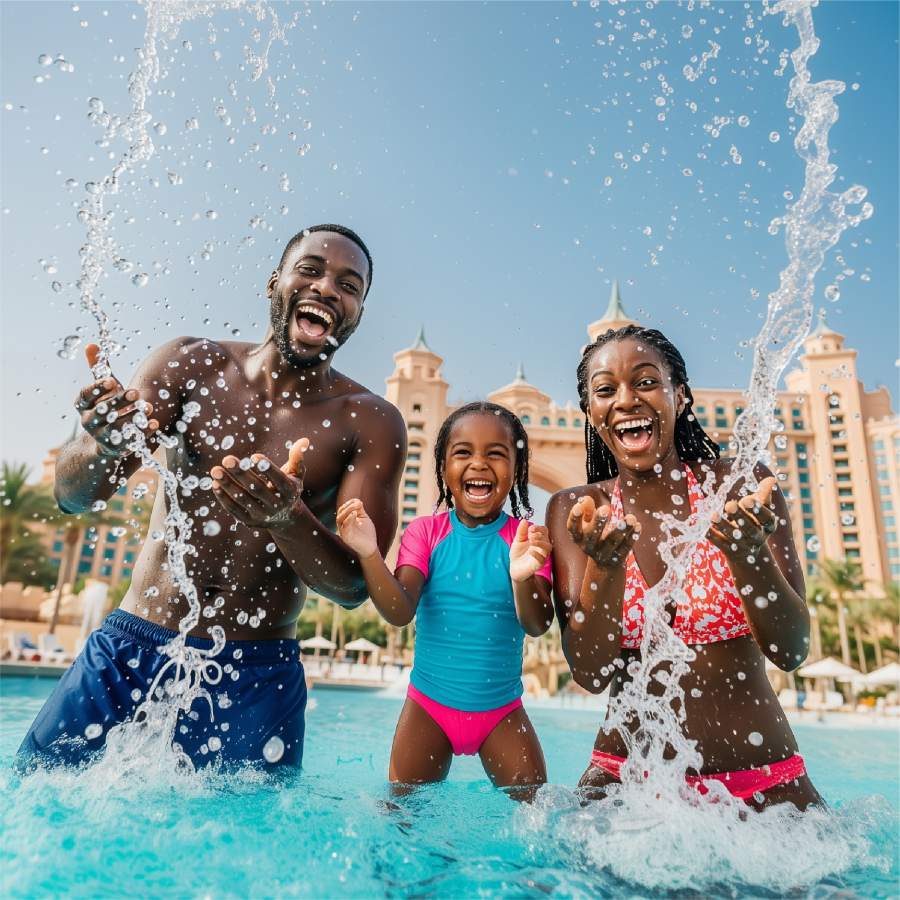 Family enjoying time together by a resort swimming pool.