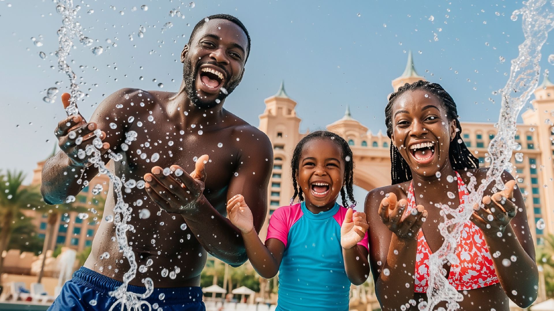 Family enjoying time together by a resort swimming pool.