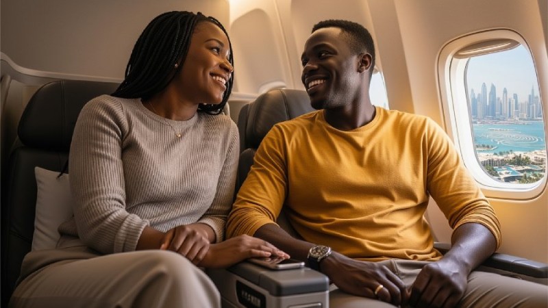 Couple sitting on an airplane, looking at each other with city view through window