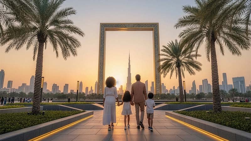 A family of four walks hand in hand toward a large rectangular structure at sunset, flanked by palm trees, with a city skyline in the background.